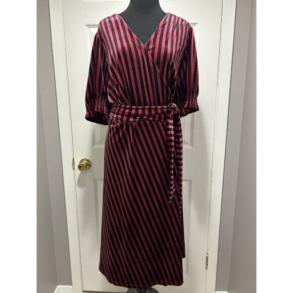 ModCloth Size 2X Timeless Embrace Velvet Midi Wrap Dress Burgundy Black Stripe - Picture 1 of 7